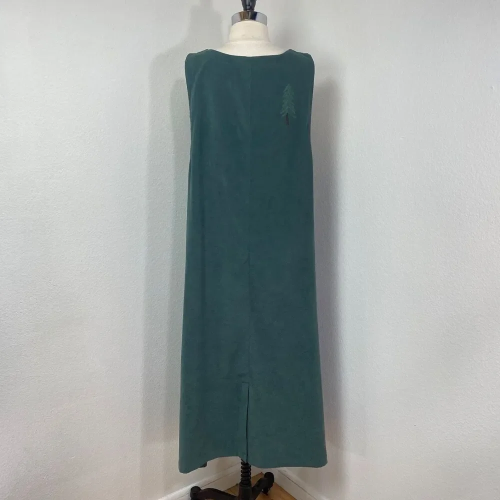 CJ Banks Forest Green Maxi Jumper Dress 14W Pocket Embroidery Trees Dark Academa